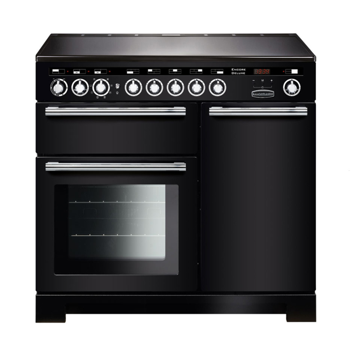 117340 ENCORE Deluxe 100cm induction range cooker in black with chrome trim, featuring six control knobs, a digital display, and two oven compartments with glass doors.