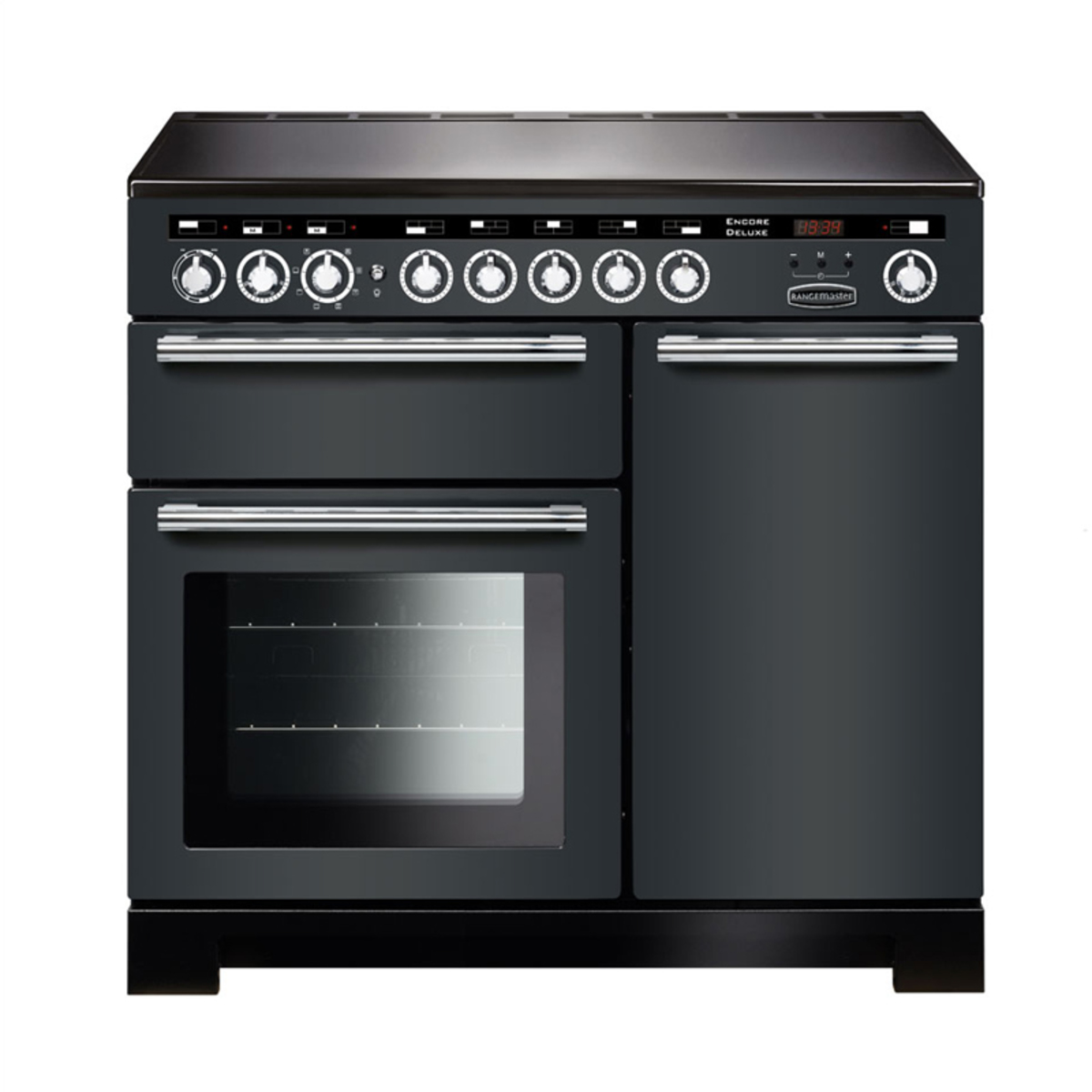 117350 ENCORE Deluxe 100cm induction range cooker in slate with chrome trim, featuring multiple dials, a large oven window, and a sleek, modern design.