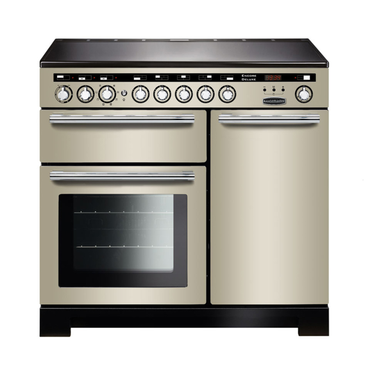 117360 ENCORE Deluxe 100cm induction range cooker in ivory with chrome trim, featuring multiple control knobs, a digital display, and a large oven window.