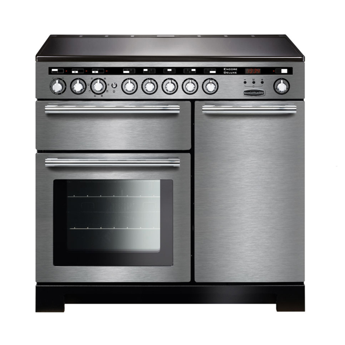 Stainless steel 100cm induction range cooker with chrome trim, featuring five control knobs, a digital display, and a large oven with a glass door.