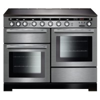 Stainless steel Rangemaster 117410 Encore Deluxe 110cm induction range cooker with chrome trim, featuring four burners, dual ovens, and control knobs along the top.