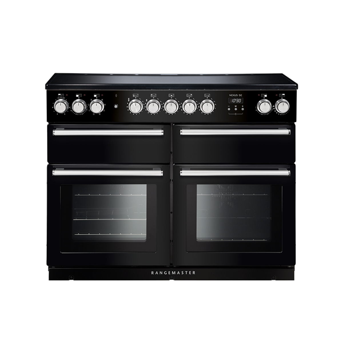 Black induction range cooker with chrome trim, featuring six control knobs, two large glass-fronted ovens, and a sleek, modern design.