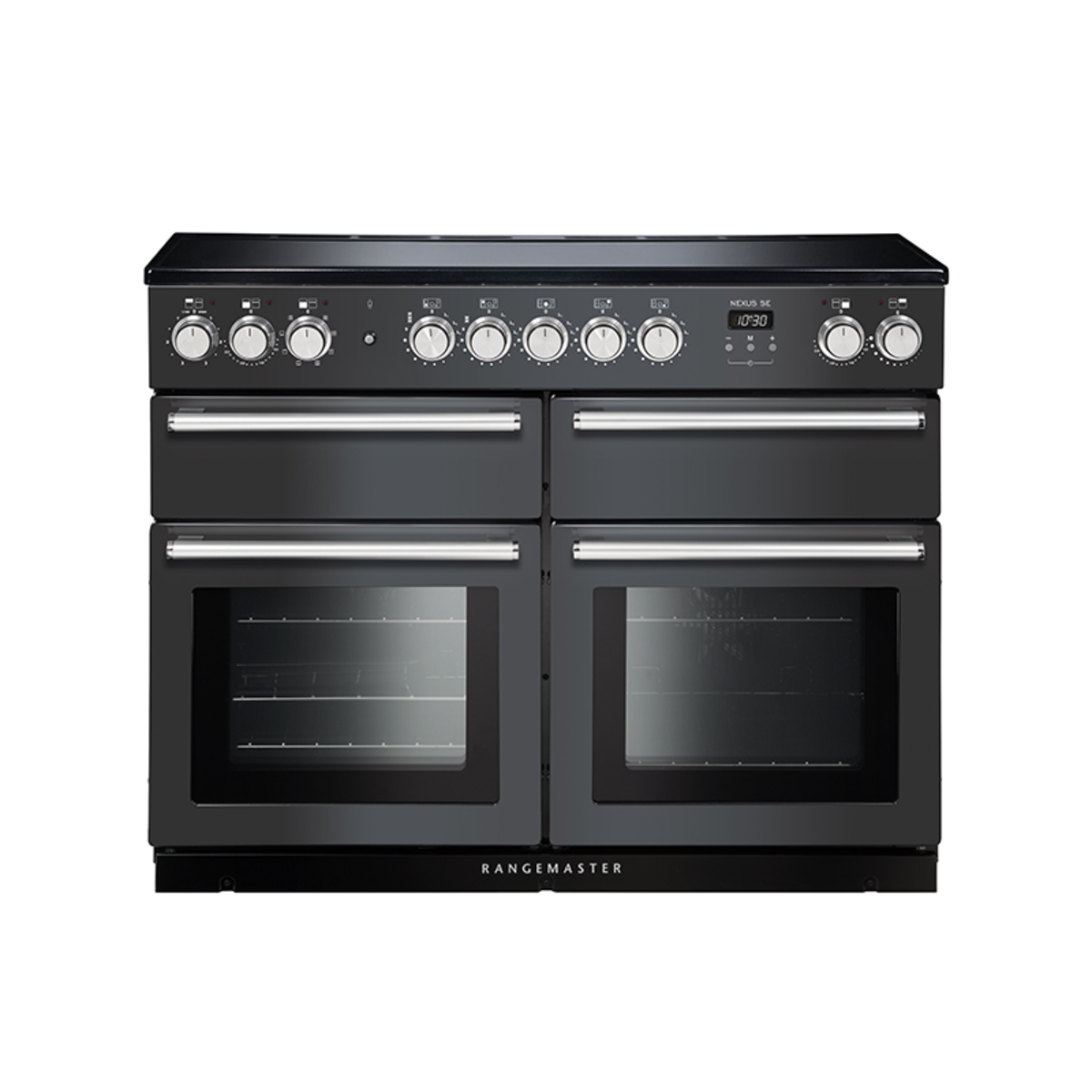 Slate-colored induction range cooker with chrome trim, featuring four gas burners, dual ovens with glass doors, and stainless steel knobs for precise temperature control.