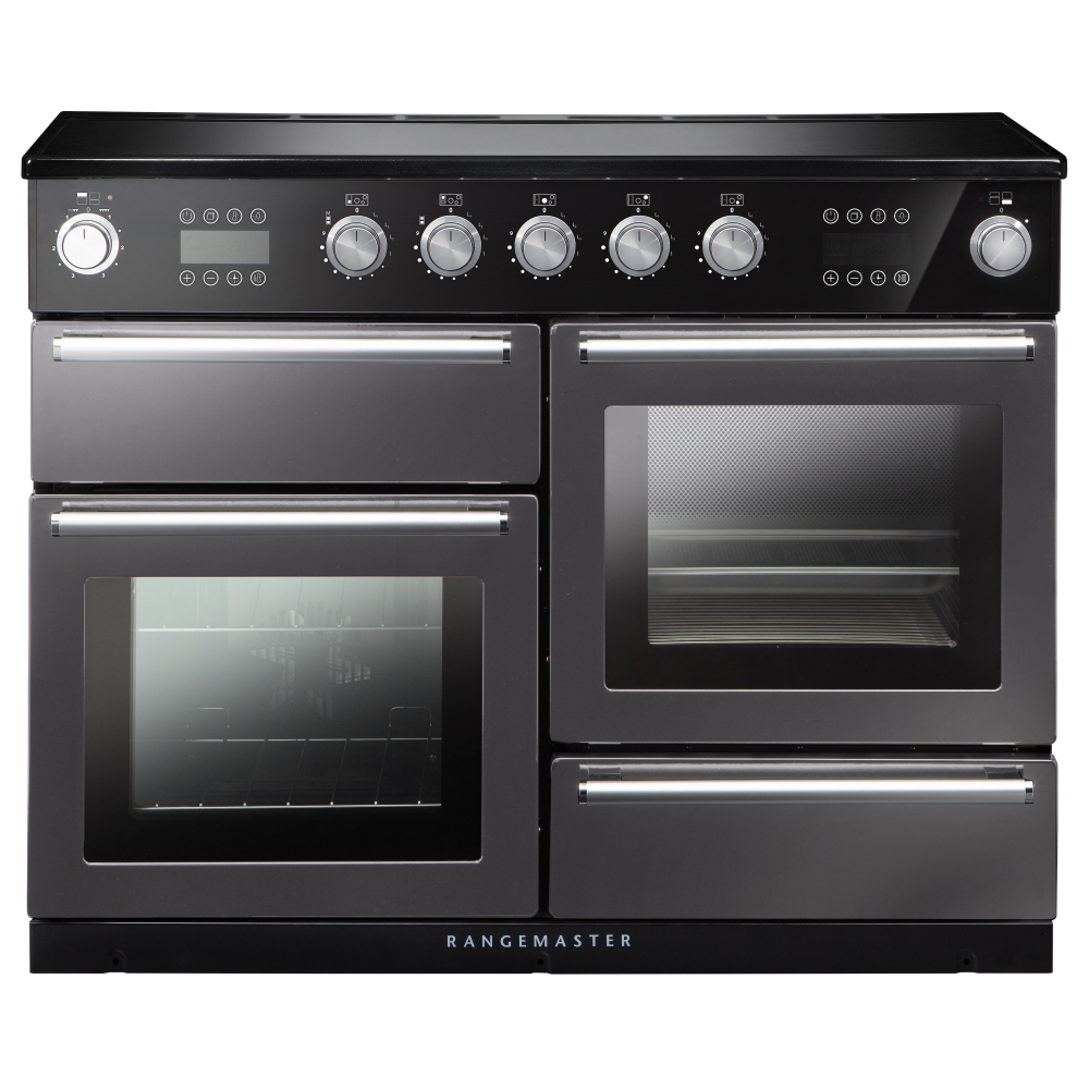 Slate-colored 110cm induction range cooker with chrome trim, featuring five control knobs, two ovens with glass doors, and a sleek, modern design.