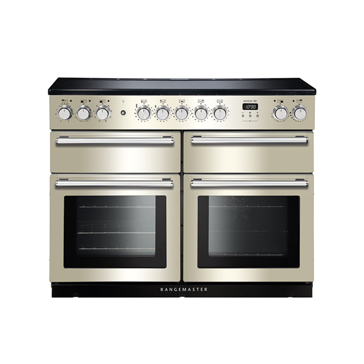 Ivory induction range cooker with chrome trim, featuring four control knobs, two large glass fronted ovens, and a sleek black cooktop.