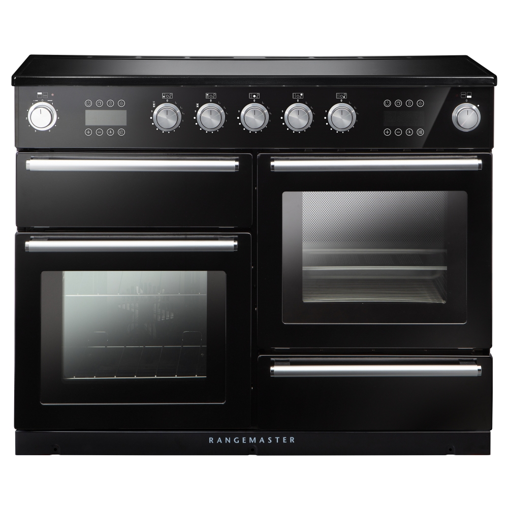 Black and chrome 119810 NEXUS Steam 110cm induction range cooker featuring five control knobs, dual ovens with glass doors, and sleek stainless steel trim.