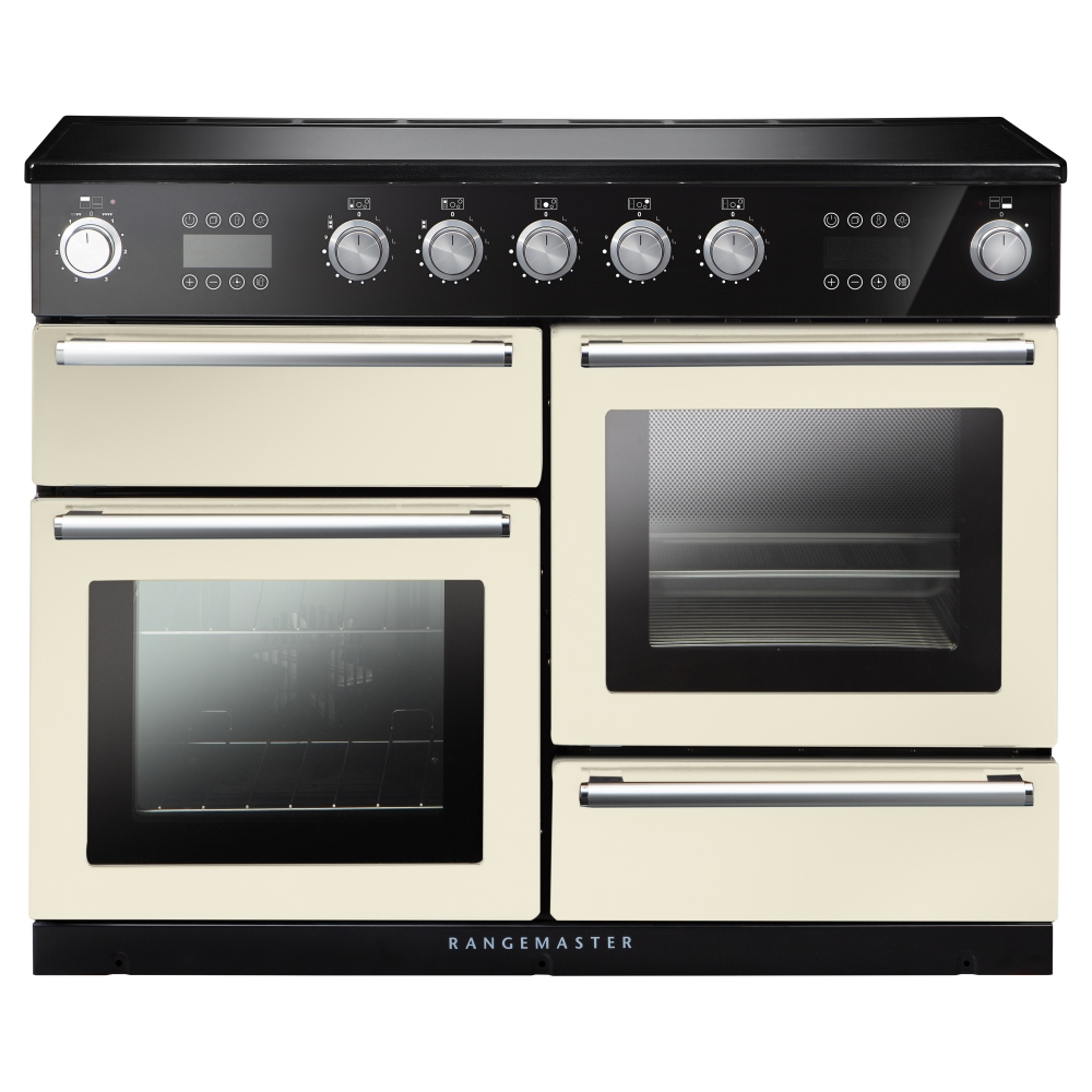 Ivory and chrome-trimmed Rangemaster 119850 NEXUS Steam 110cm induction range cooker featuring five control knobs, two ovens, and a sleek black top surface.