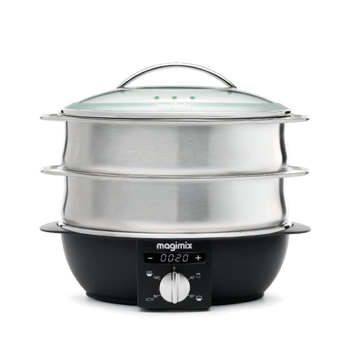 Magimix 11581 Multi Function Steamer features a sleek black base, two stacked stainless steel steaming tiers, and a glass lid with a handle, along with a digital timer and temperature control.