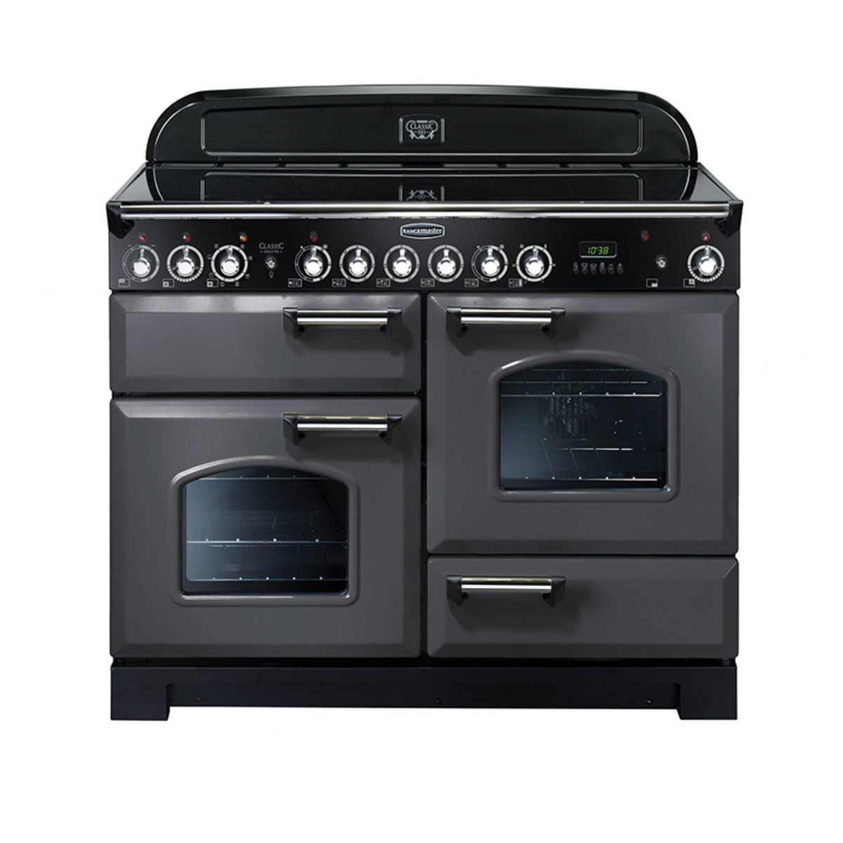 Classic Deluxe 110cm induction range cooker in slate with chrome trim, featuring four control knobs, two ovens with glass doors, and a sleek black cooktop.