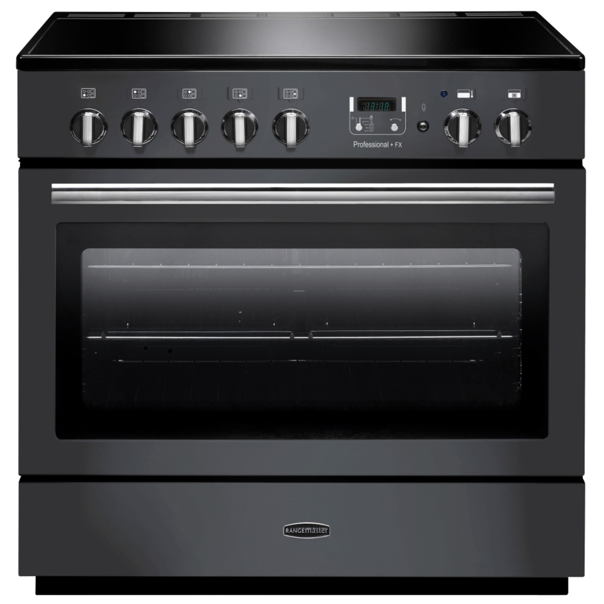 Slate-colored induction range cooker with chrome trim, featuring a glass oven door, five control knobs, digital display, and a smooth black cooktop surface.