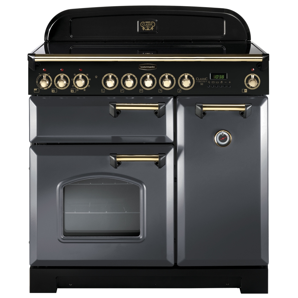 Classic 90cm induction range cooker in slate with brass trim, featuring a sleek black control panel, six knobs, two ovens, and a glass window on the right oven door.