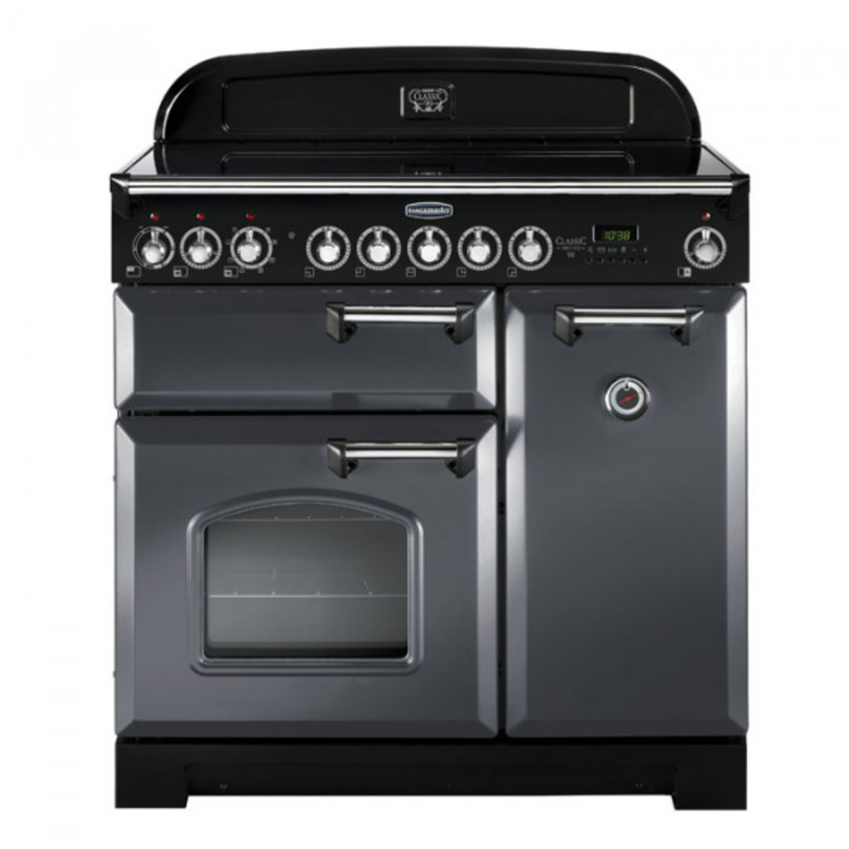Classic Deluxe 90cm induction range cooker in slate with chrome trim, featuring six control knobs, a large oven door, and a sleek black top.