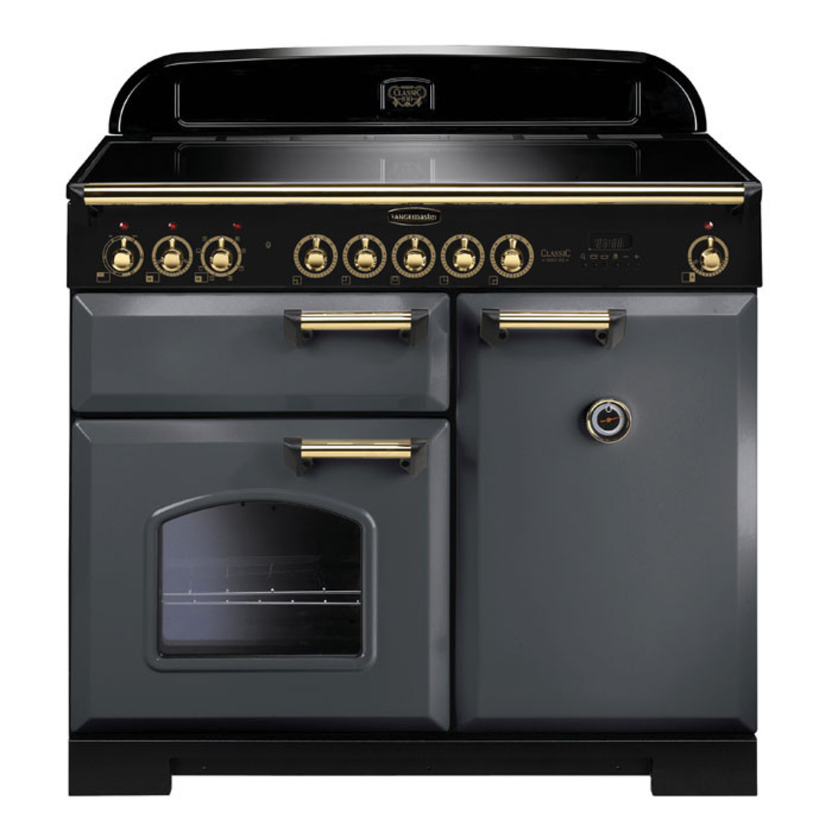 Classic Deluxe 100cm induction range cooker in slate with brass trim, featuring six control knobs, two ovens, and a sleek black top.