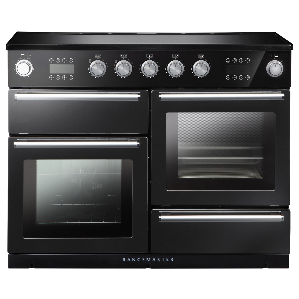 125600 NEXUS Steam 110cm induction range cooker in charcoal black with chrome trim, featuring five control knobs, two ovens, and a sleek, modern design.