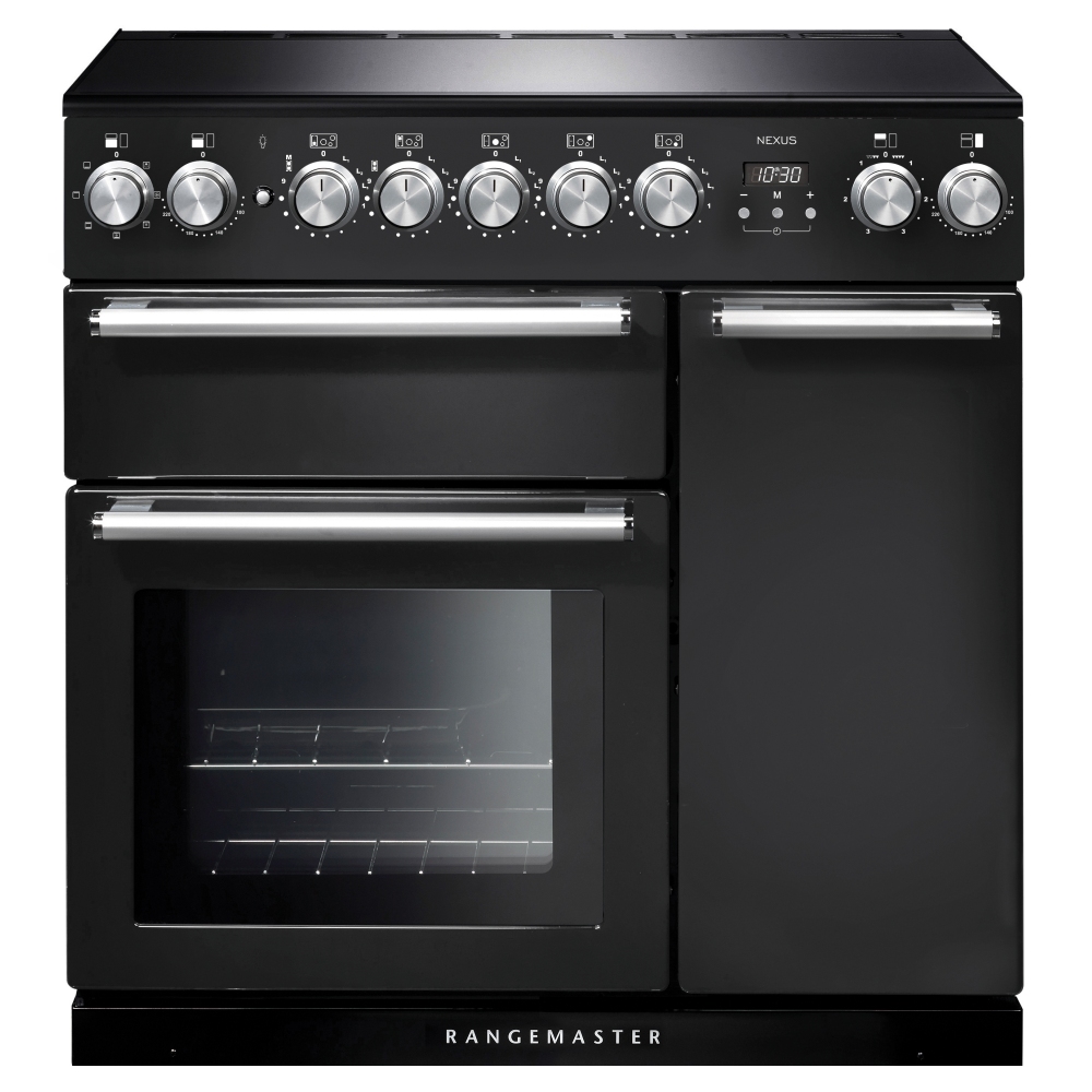 125660 NEXUS 90cm induction range cooker in charcoal black with chrome trim, featuring six control knobs, dual ovens, and a digital display.