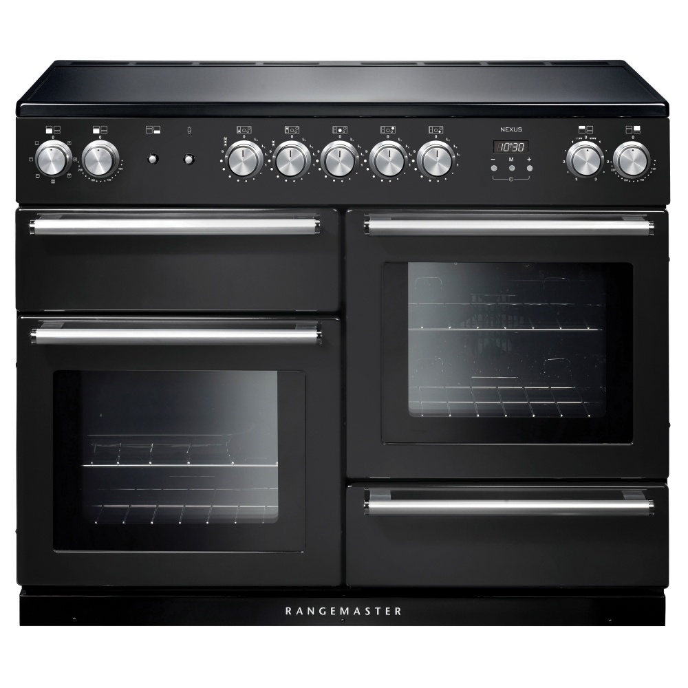 125810 NEXUS 110cm induction range cooker in charcoal black with chrome trim, featuring five control knobs, dual ovens with glass doors, and a digital display.