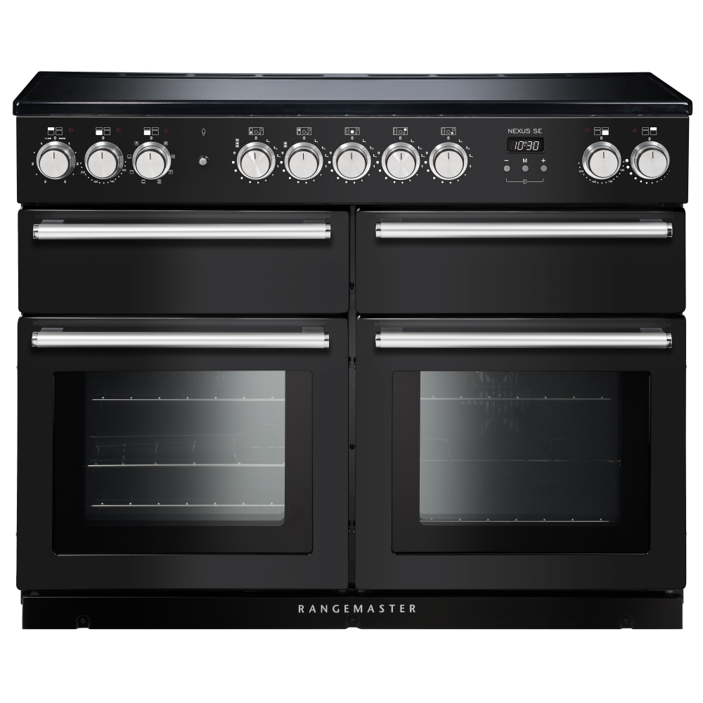 Charcoal black induction range cooker with chrome trim, featuring four control knobs, a digital display, and two large glass-fronted ovens.