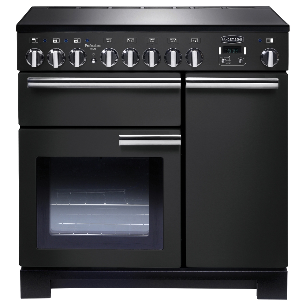 Deluxe 90cm induction range cooker in charcoal black with chrome trim, featuring five induction burners, a digital display, and a glass oven door with a stainless steel handle.