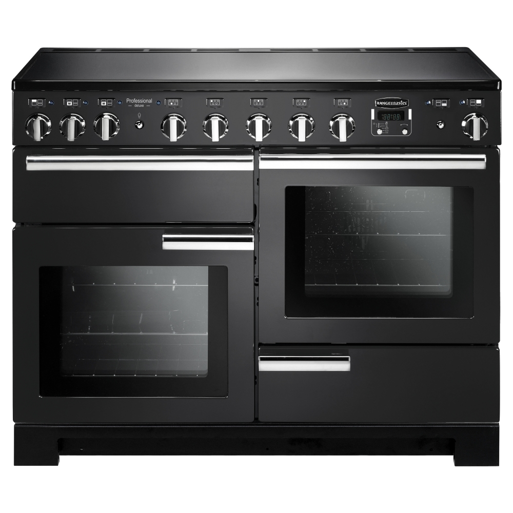 Black and chrome Rangemaster PDL110EICBC induction range cooker featuring five control knobs, two large glass ovens, and a sleek, modern design with a smooth cooking surface.