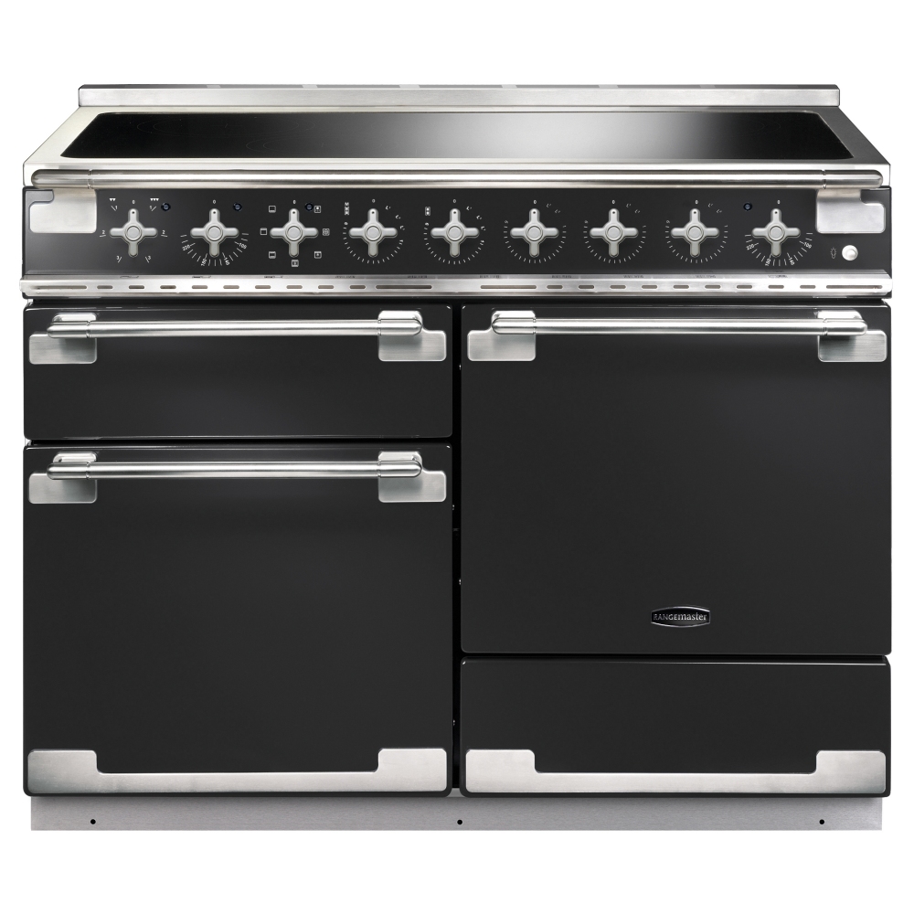 Charcoal black induction range cooker with brushed nickel trim, featuring six control knobs, two ovens, and a sleek, modern design.