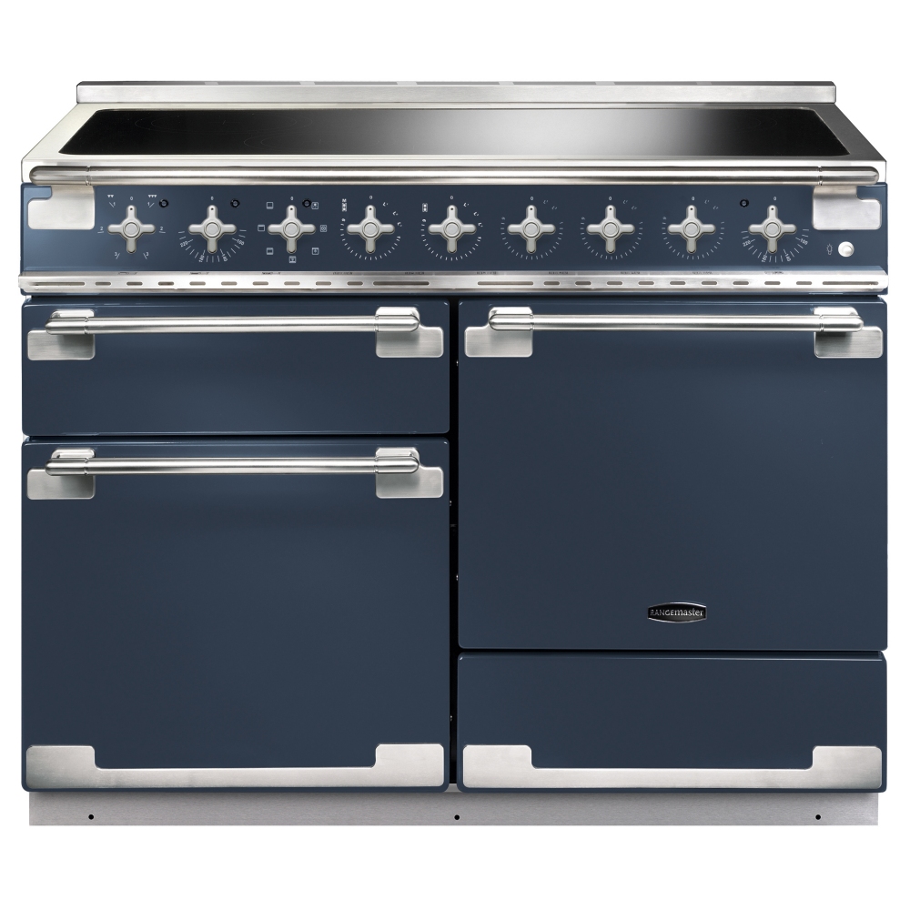 Rangemaster 126910 LISE 110cm induction range cooker in stone blue with brushed nickel trim, featuring a sleek glass cooktop and multiple oven compartments with chrome knobs.