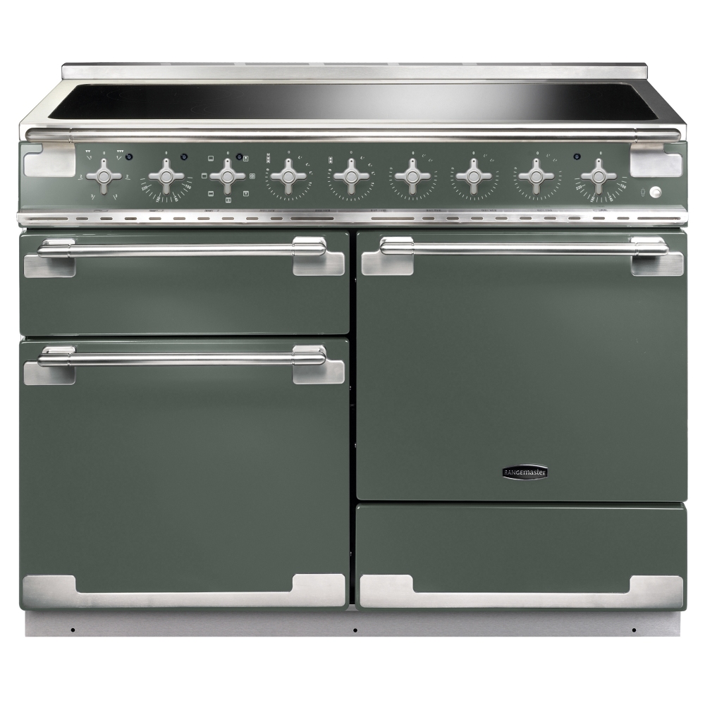 Mineral green induction range cooker with brushed nickel trim, featuring a smooth top surface, five control knobs, and two oven compartments with stylish handles.