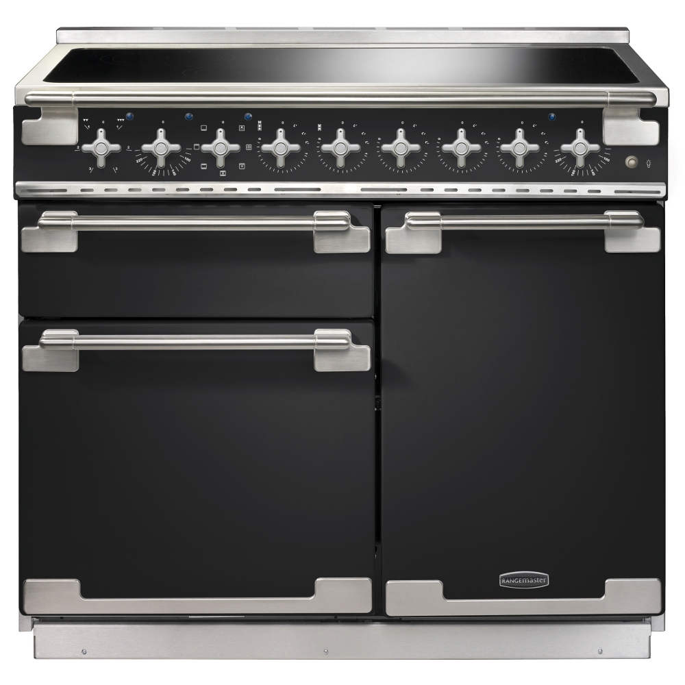 Charcoal black induction range cooker with brushed nickel trim, featuring six control knobs, two spacious oven doors, and a sleek glass cooktop.