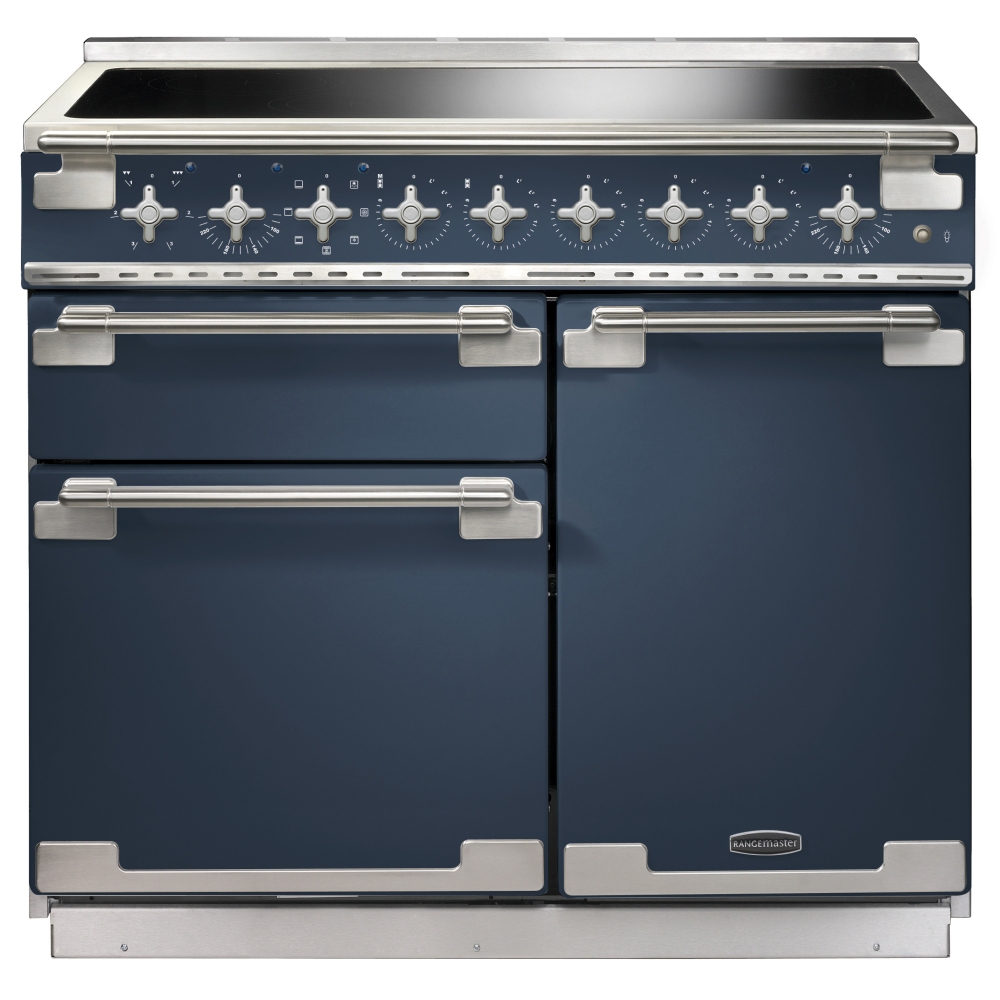 100cm induction range cooker in stone blue with brushed nickel trim, featuring six control knobs, a smooth top surface, and two spacious oven doors.
