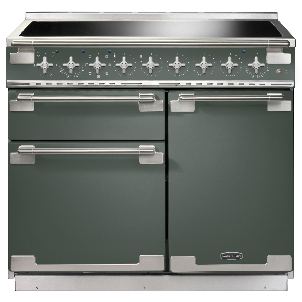 100cm induction range cooker in mineral green with brushed nickel trim, featuring six control knobs, two ovens, and a sleek, modern design.