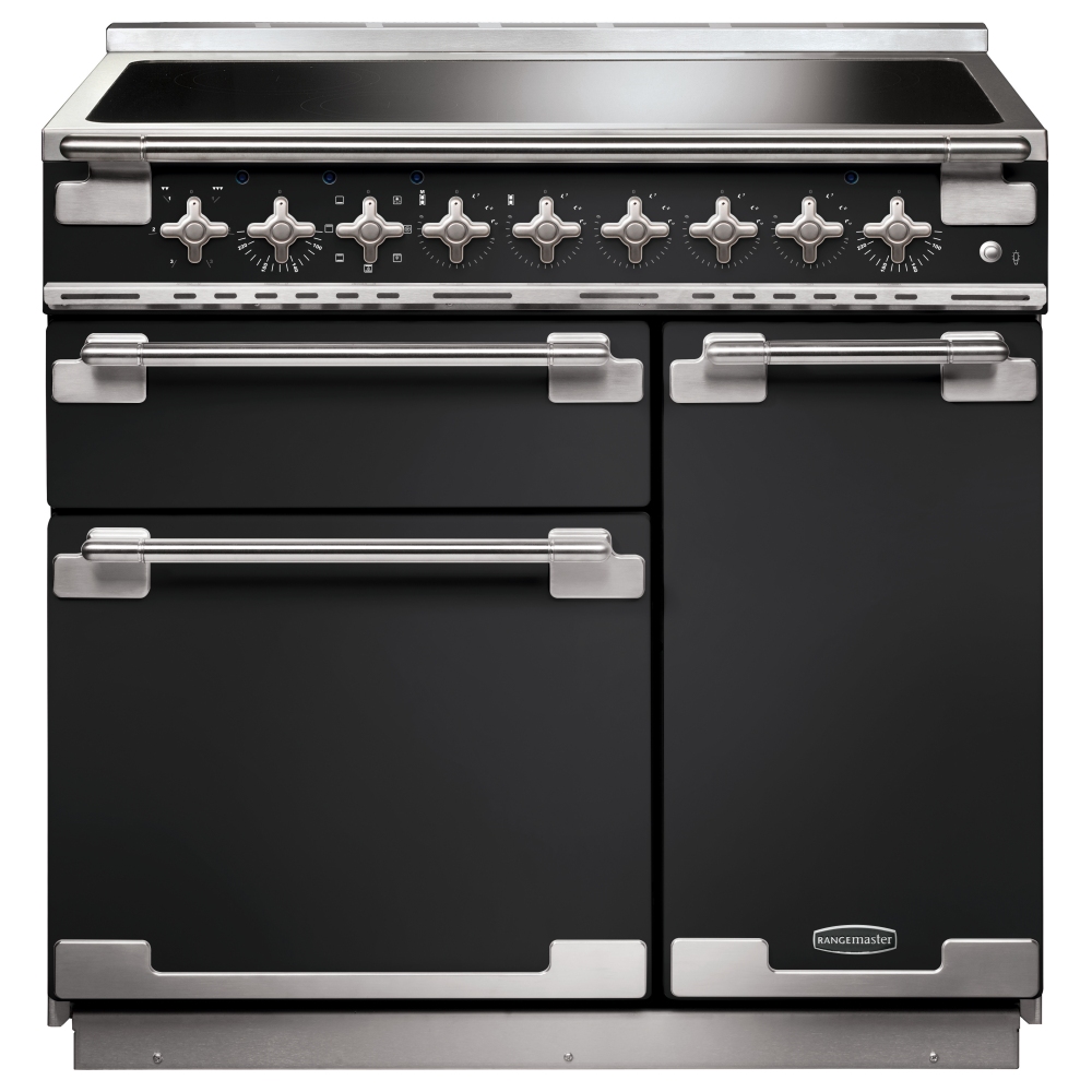 Charcoal black 90cm induction range cooker with brushed nickel trim, featuring six control knobs, two large oven doors, and a sleek, modern design.