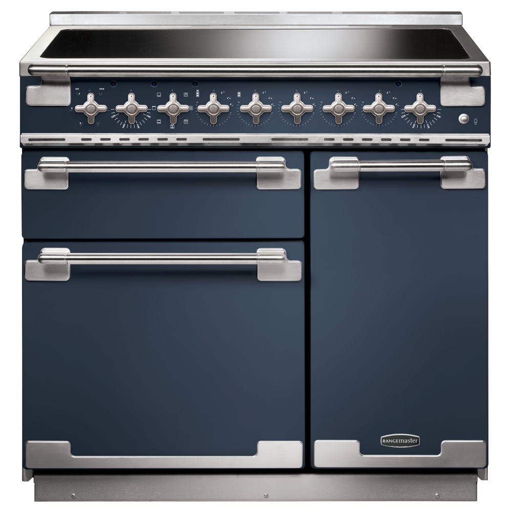 90cm Rangemaster ELISE induction range cooker in stone blue with brushed nickel trim, featuring six control knobs, two ovens, and a sleek glass cooking surface.