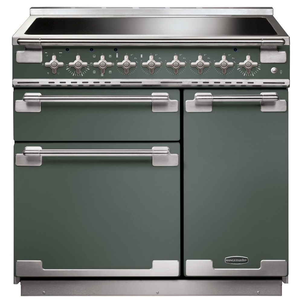 90cm induction range cooker in mineral green with brushed nickel trim, featuring six control knobs, two ovens, and a sleek, modern design.