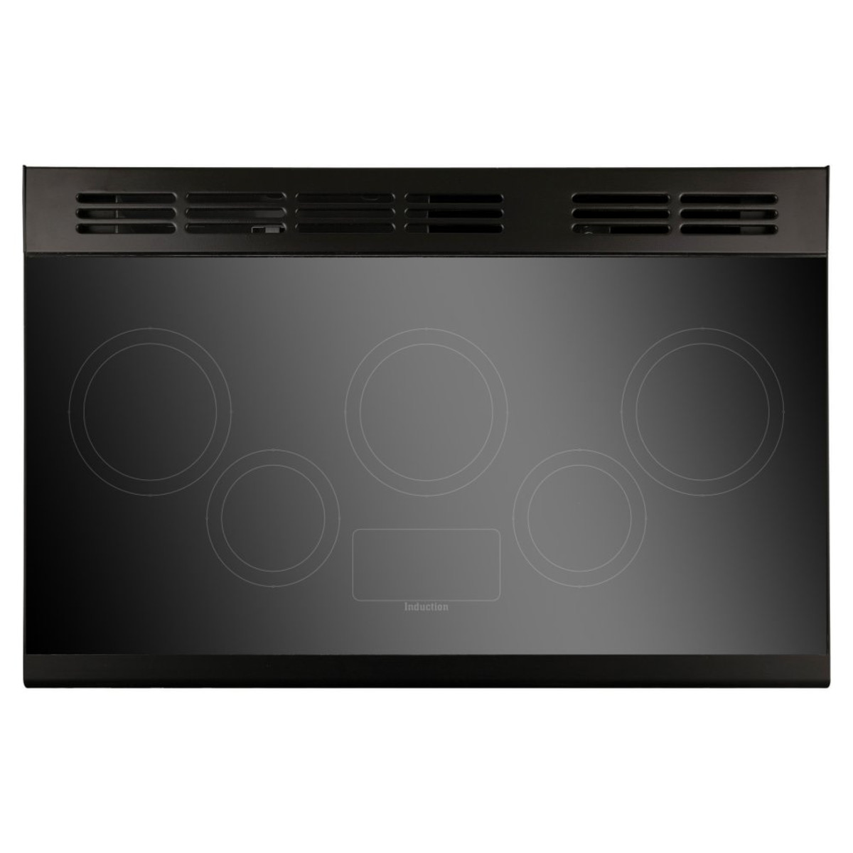 Charcoal black induction range cooker with chrome trim, featuring a smooth glass top and five cooking zones, designed for modern kitchens.