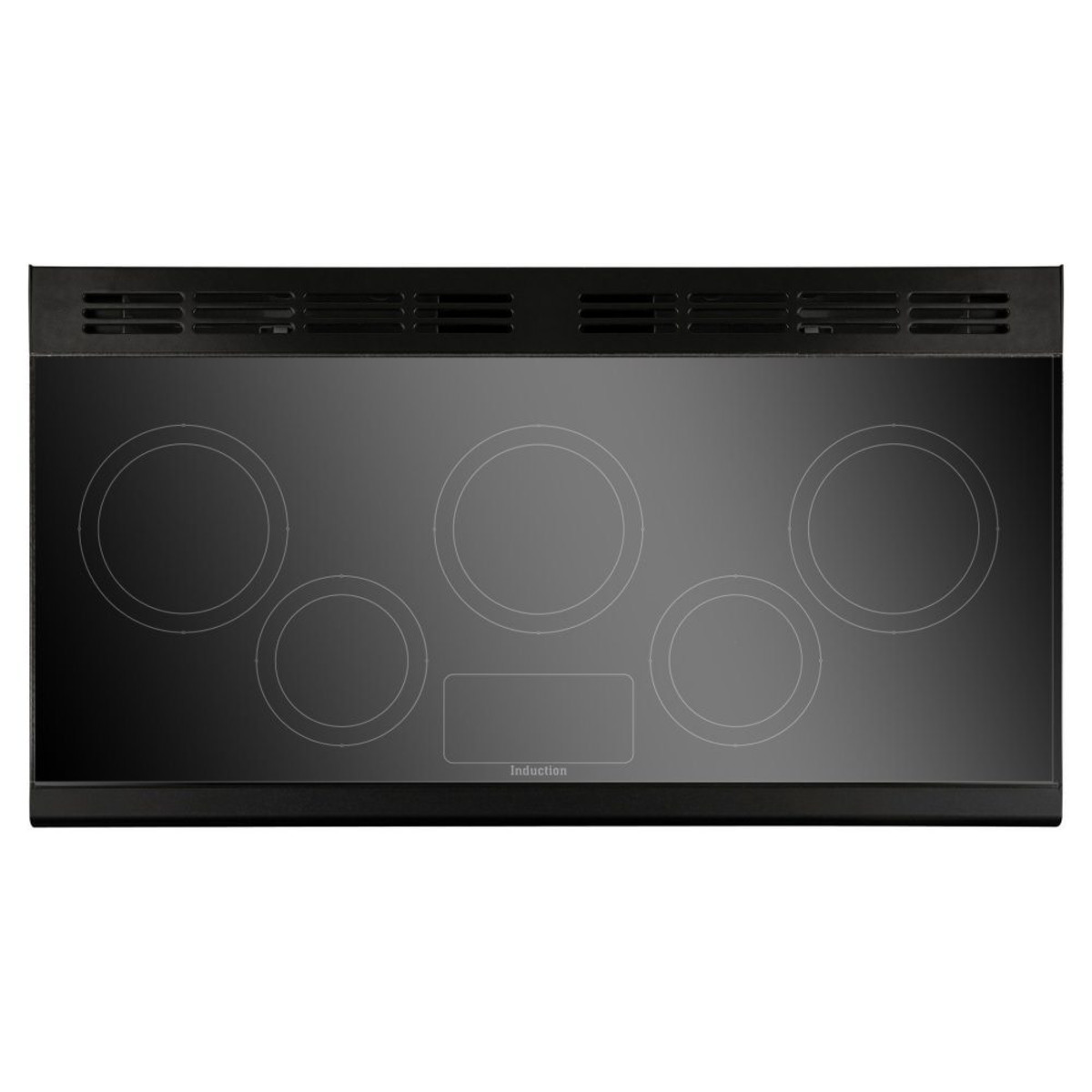 Classic Deluxe 110cm induction range cooker in charcoal black with chrome trim, featuring a sleek glass top and five induction cooking zones for efficient cooking.