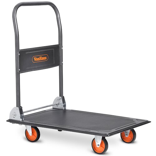 Black platform truck with a textured surface, orange rubber wheels, and a sturdy metal handle, featuring a weight capacity of 150kg, branded with the VonHaus logo.