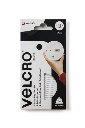 Velcro Hook & Loop Tape in a 45mm x 45mm package, featuring a black and white design with a hand demonstrating use, labeled for heavy-duty applications and 2kg strength.