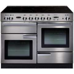 Stainless steel 110cm Rangemaster 85310 PROFESSIONAL Plus induction range cooker with chrome trim, featuring two ovens, five induction burners, and control knobs.