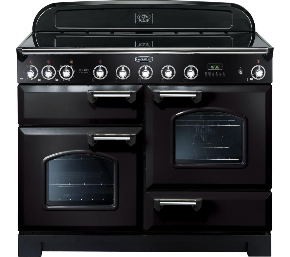 Classic Deluxe 110cm induction range cooker in black with chrome trim, featuring multiple control knobs, two glass-fronted ovens, and a sleek, modern design.
