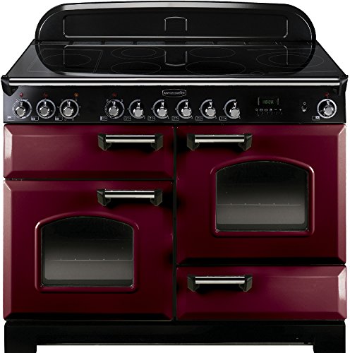 Classic 110cm induction range cooker in cranberry with chrome trim, featuring four oven doors, multiple control knobs, and a sleek black induction cooktop.