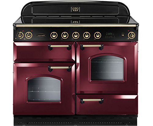 Classic 110cm induction range cooker in cranberry with brass trim, featuring two ovens, a black glass top, and stylish control knobs.