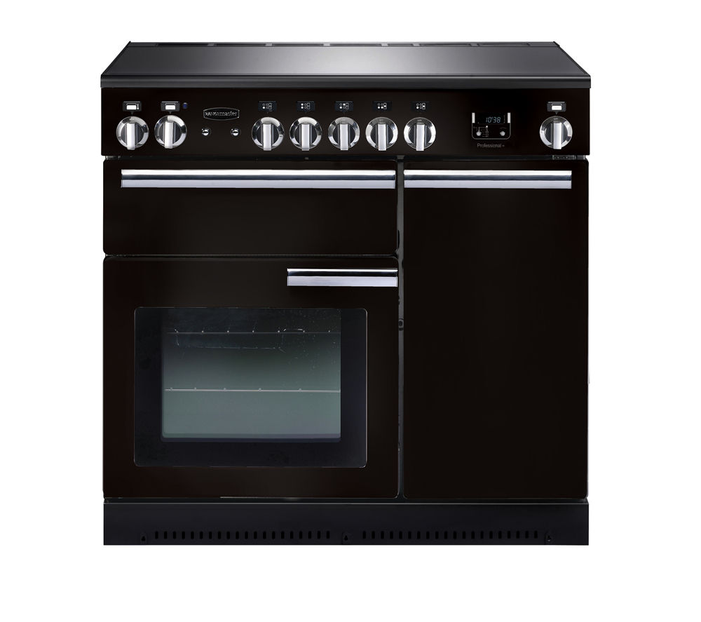 Black 90cm electric induction range cooker with stainless steel knobs, a large oven window, and a sleek design, featuring multiple cooking zones and a digital display.