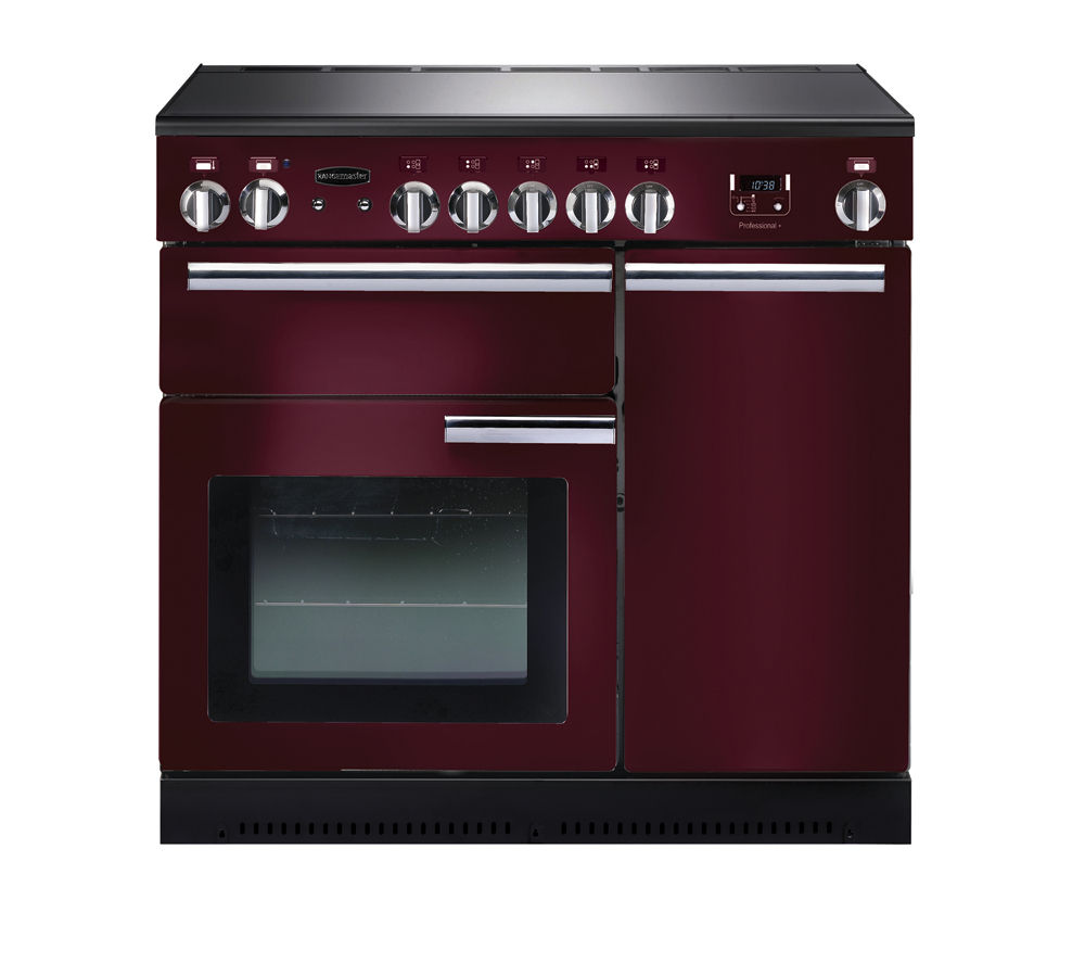 Professional 90cm induction range cooker in cranberry with chrome trim, featuring six control knobs, a digital display, and a large oven window.