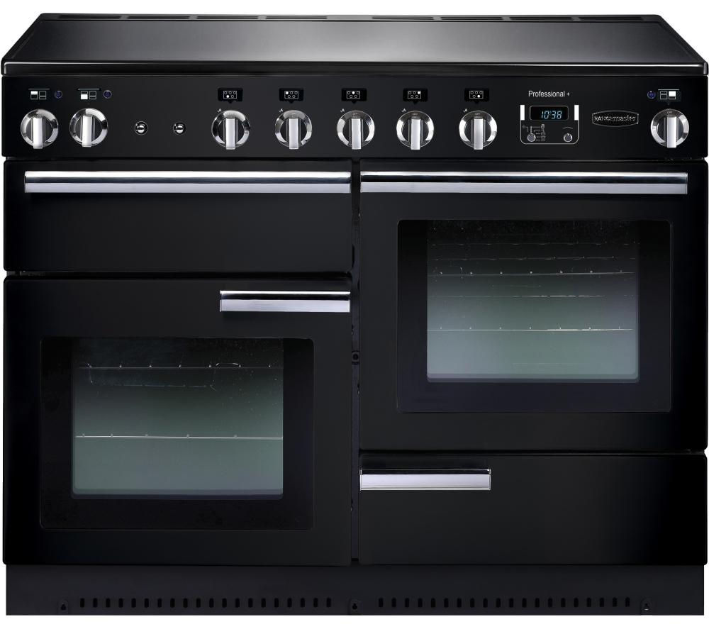 Black Rangemaster PROP110EIGBC Professional Plus 110cm electric induction range cooker featuring dual ovens, chrome knobs, and a sleek design with a digital display.