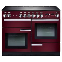 Cranberry-colored Rangemaster 91790 PROFESSIONAL Plus induction range cooker with chrome trim, featuring dual ovens, control knobs, and a sleek black induction cooktop.