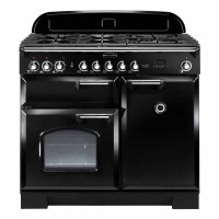 Classic black induction range cooker with chrome trim, featuring a five-burner gas hob, two ovens, and a sleek design, ideal for modern kitchens.