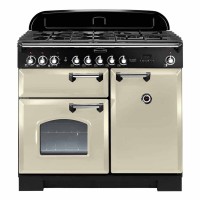 Classic 100cm induction range cooker in cream with chrome trim, featuring a five-burner gas hob, two ovens, and a sleek black back panel.