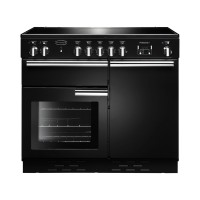 Black and chrome 100cm Rangemaster PROFESSIONAL Plus induction range cooker featuring multiple control knobs, a large oven window, and a sleek design.