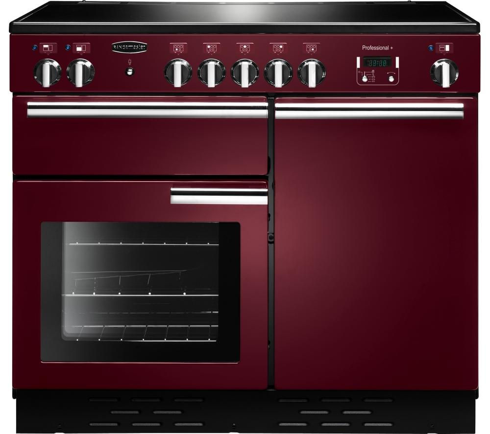 Cranberry-colored 100cm Rangemaster Professional Plus induction range cooker with chrome trim, featuring six control knobs and a large oven with a glass door.