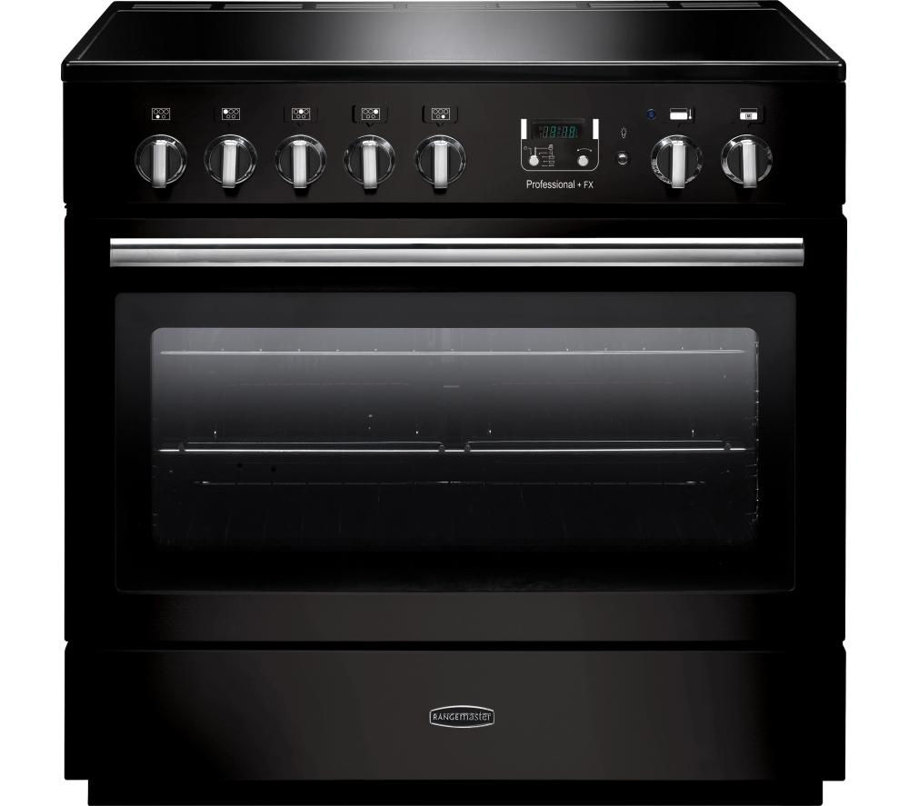 Black and chrome 90cm induction range cooker featuring a sleek design, multiple control knobs, digital display, and a large oven window for easy monitoring.