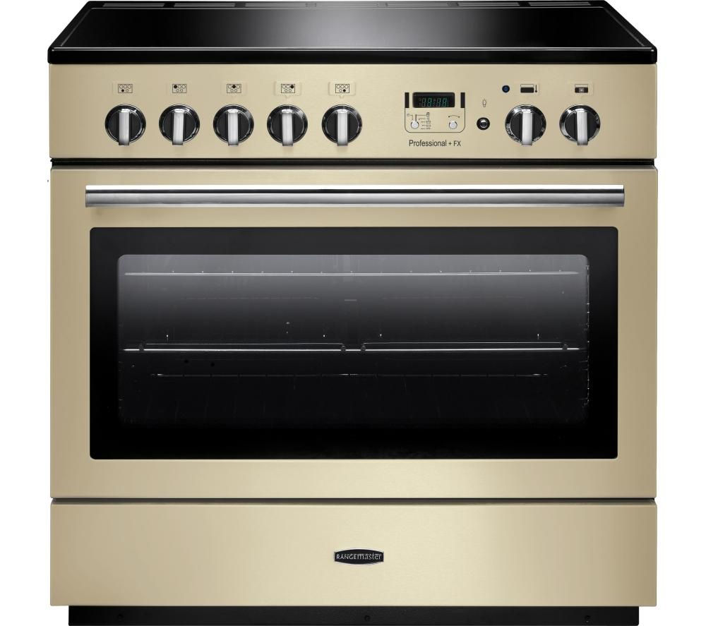 Cream-colored 90cm induction range cooker with chrome trim, featuring a glass oven door, control knobs, and a digital display for precise cooking.